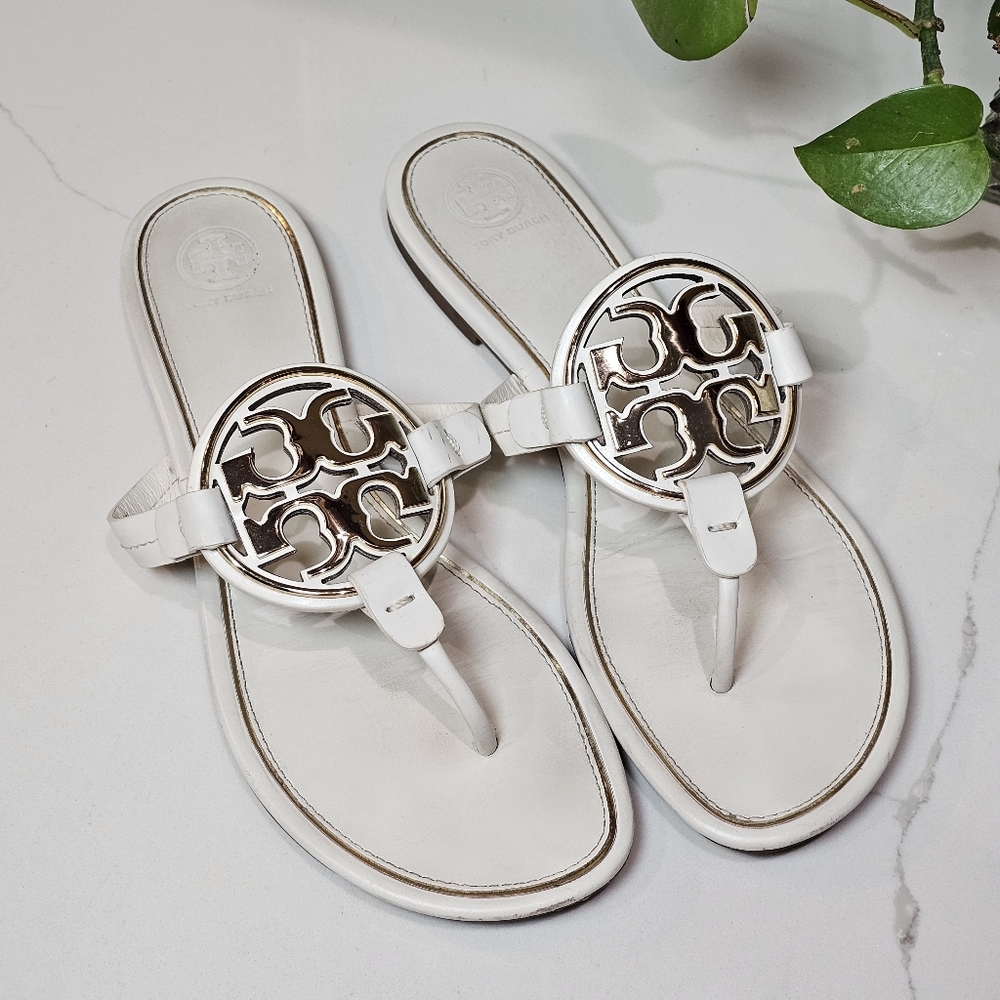 Tory Burch Miller sandals size 10 gold metal logo cream off white